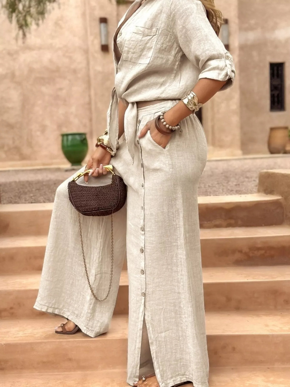 Full Size Button Up Shirt and Wide-Leg Pant Set Plus Size, view 9