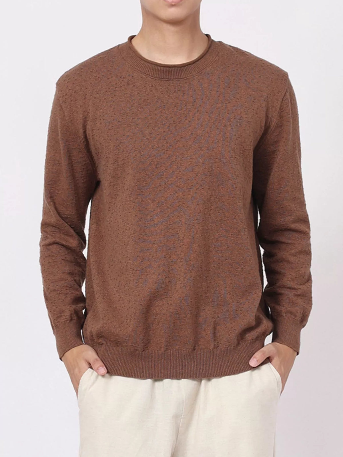 Men's Plus Size Textured Crew Neck Sweater in Terracotta
