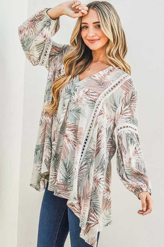 And The Why Printed with Lace Trim Casual Tunic Top in Sage, view 2