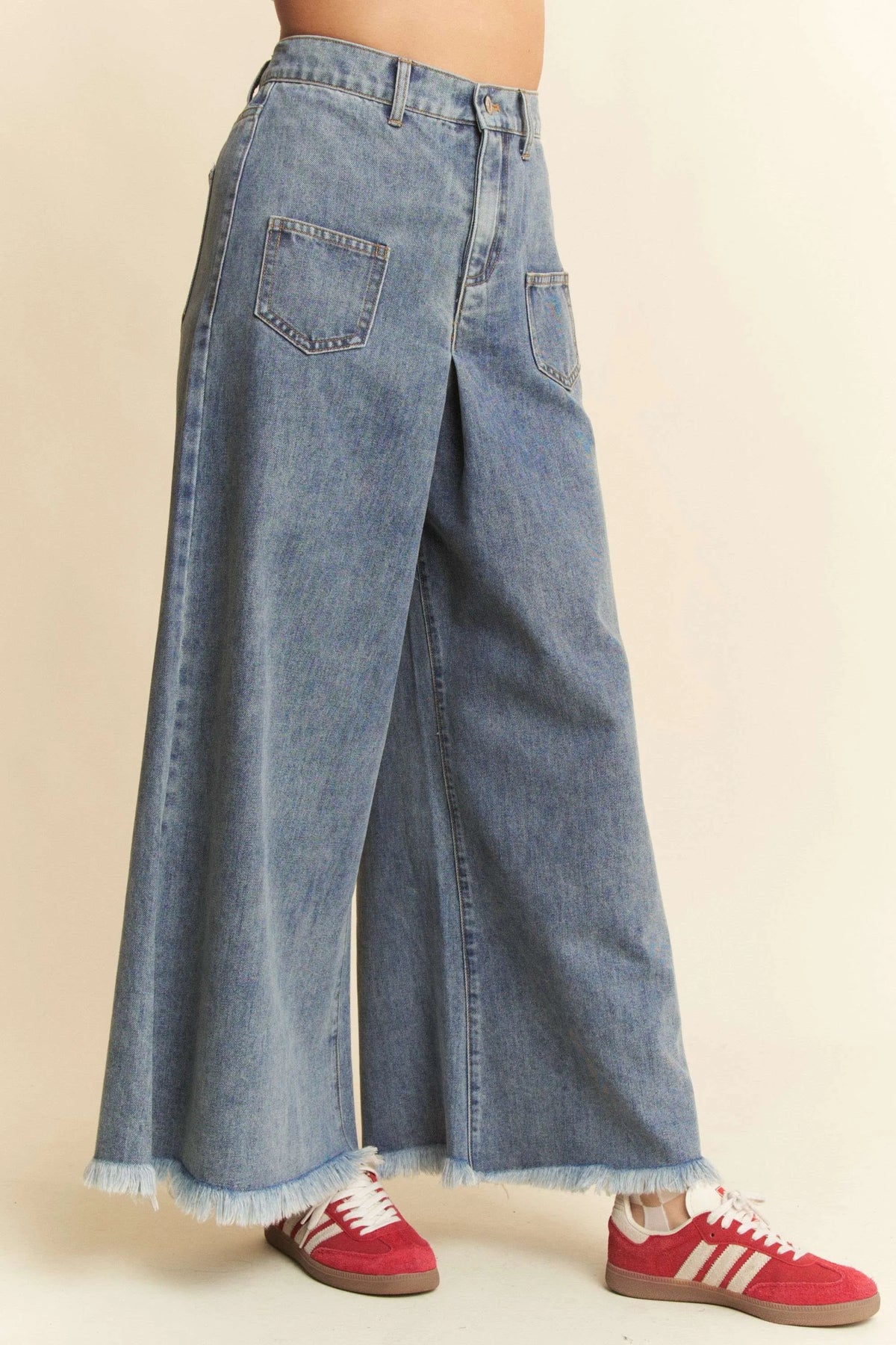 Davi & Dani Patch Pocket Wide Leg Culotte Jeans - Lilixa.store