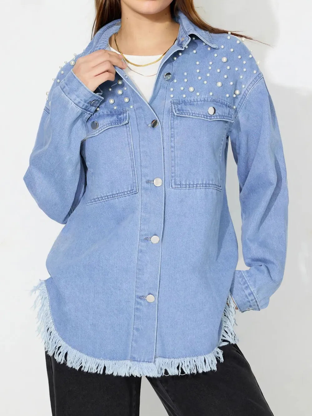 Raw Hem Pearl Trim Collared Neck Denim Top - Lilixa.store