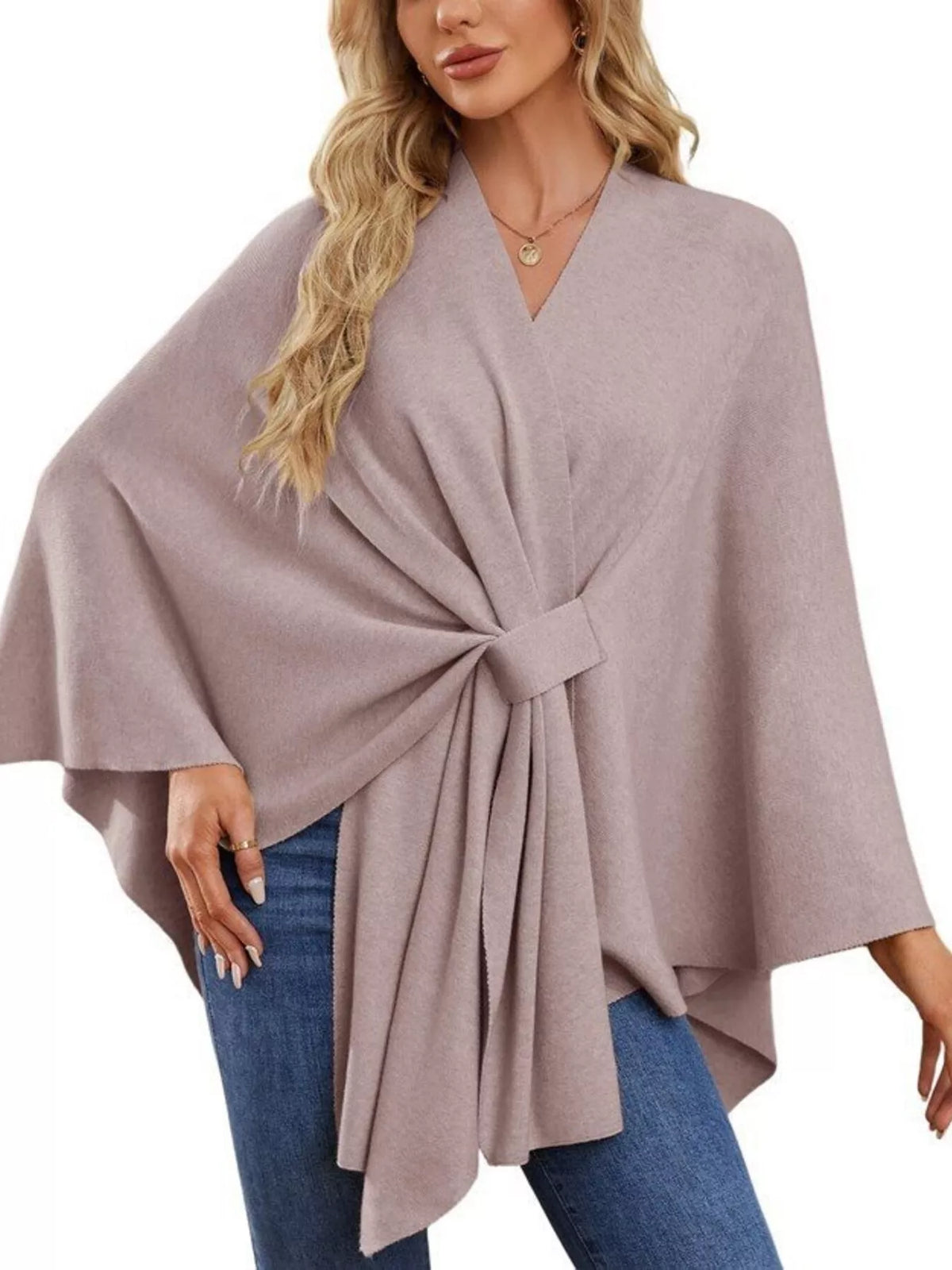 Solid Color Tie-Front Knit Cape Top in Pink