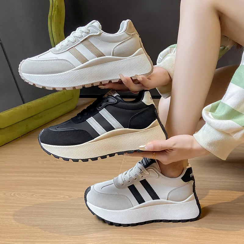 Side Striped Lace Up Platform Athletic Sneakers - Lilixa.store