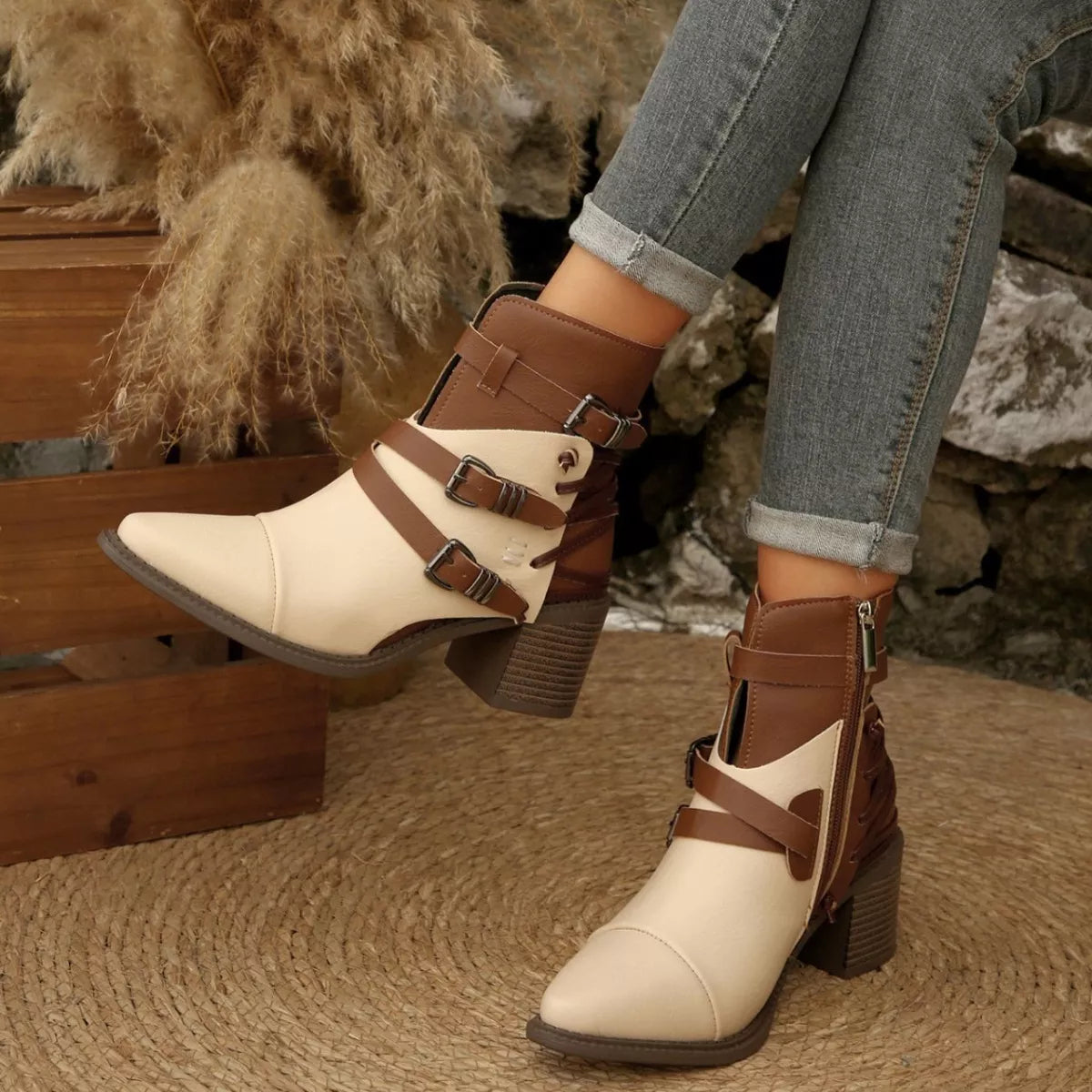 Point Toe Buckle Strap Ankle Boots with Block Heels - Lilixa.store