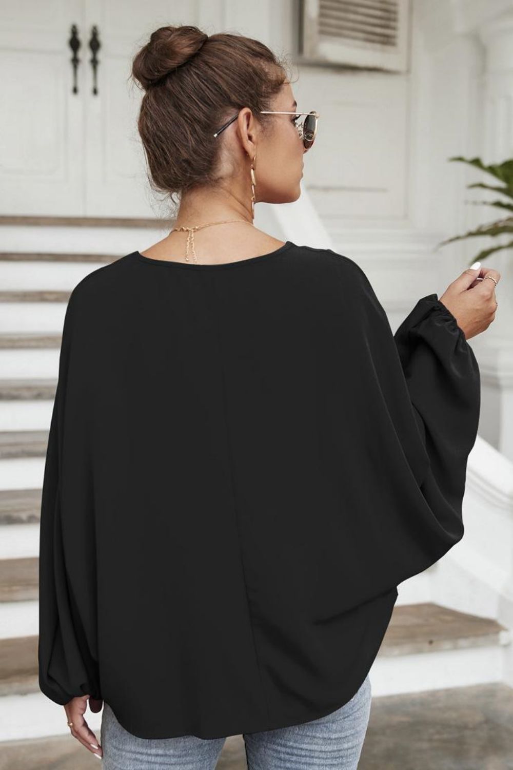 Tie Neck Balloon Sleeve Blouse in Black, view 2