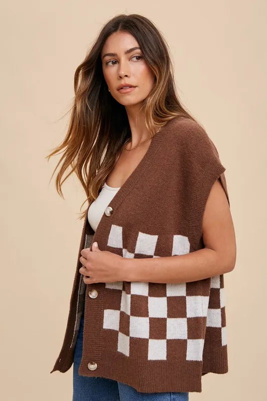 Annie Wear Checkered Button Down Short Sleeve Cardigan in Dark Brown, view 6