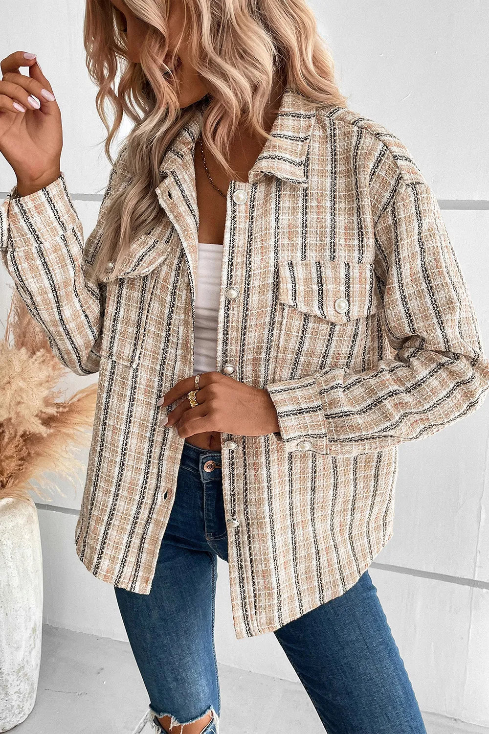 Perfee Pocketed Button Up Collared Neck Jacket in Tan, view 5
