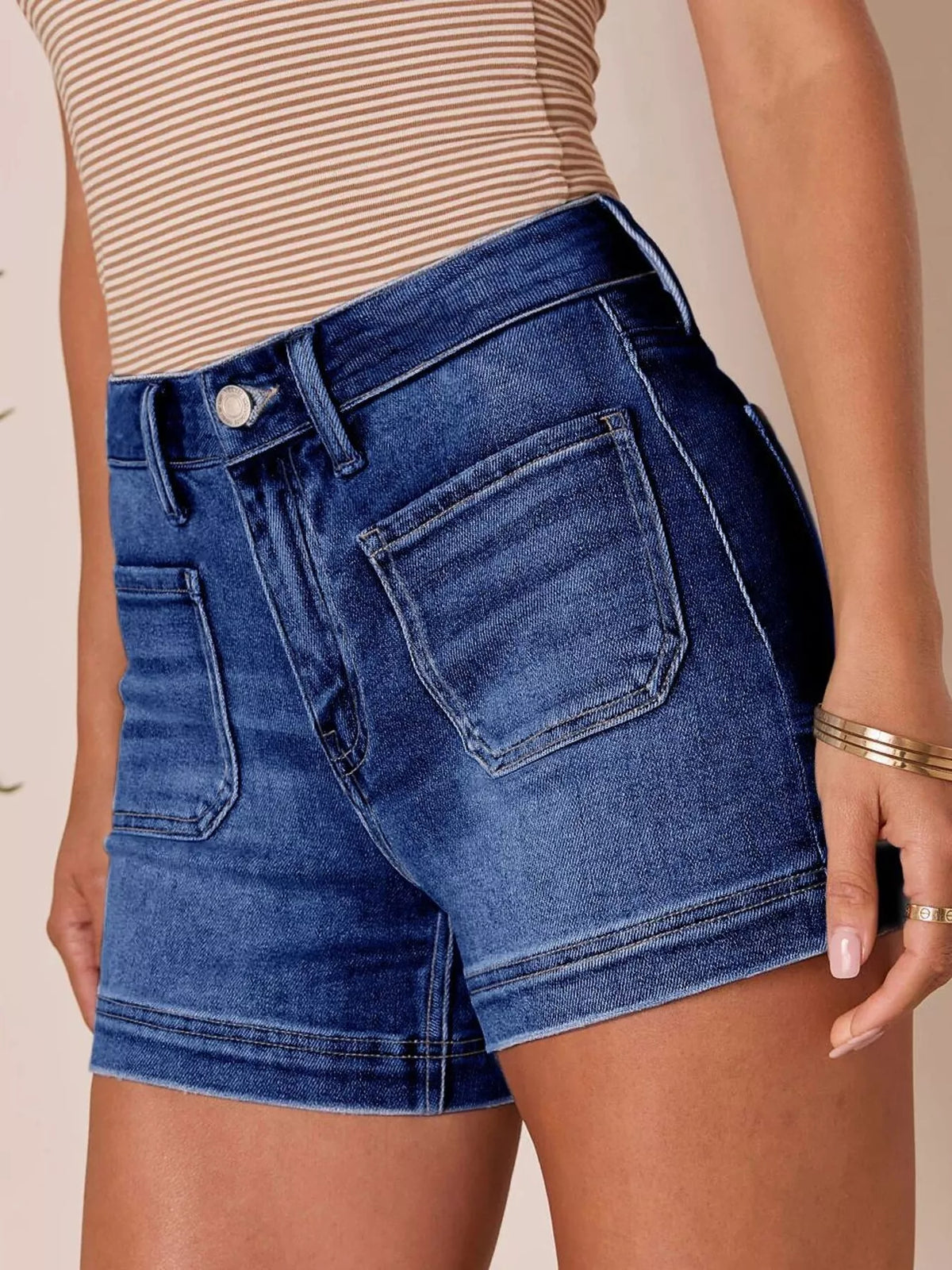 High-Waisted Pocketed Denim Shorts in Dark Blue