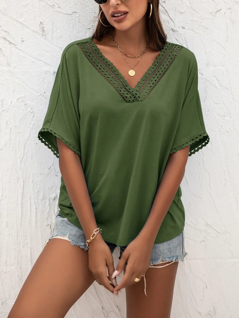 Ivy Lane Lace Detail V-Neck T-Shirt - Lilixa.store