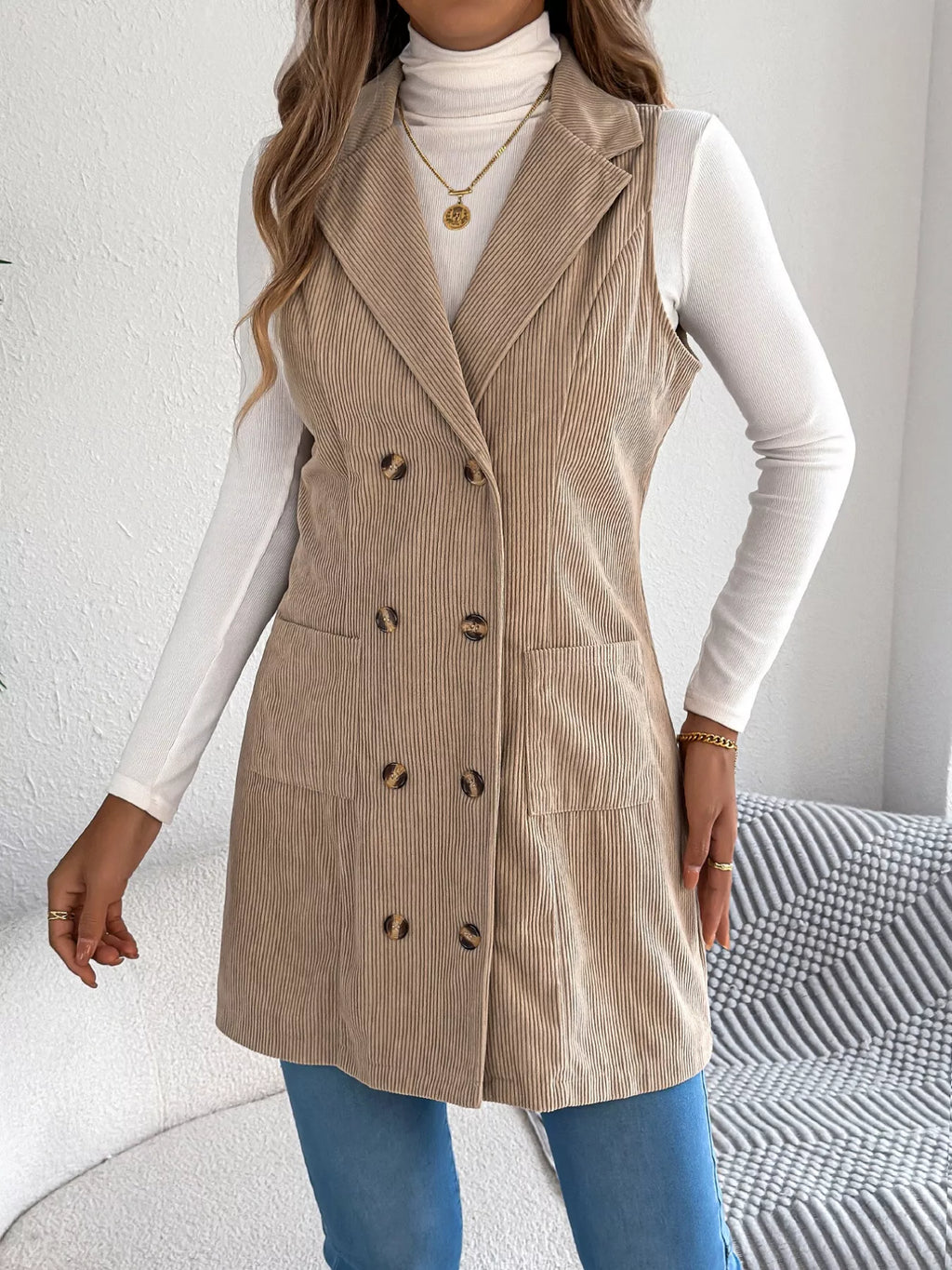 Double-Breasted Long Vest Coat - Lilixa.store