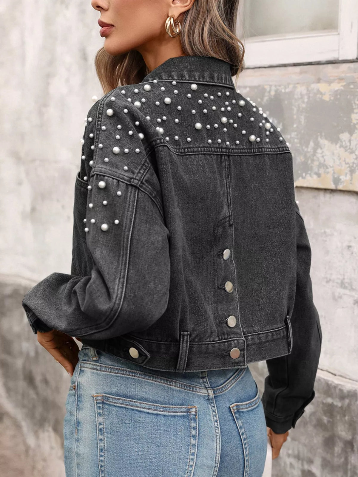 Pearl Embellished Cropped Denim Jacket, view 8