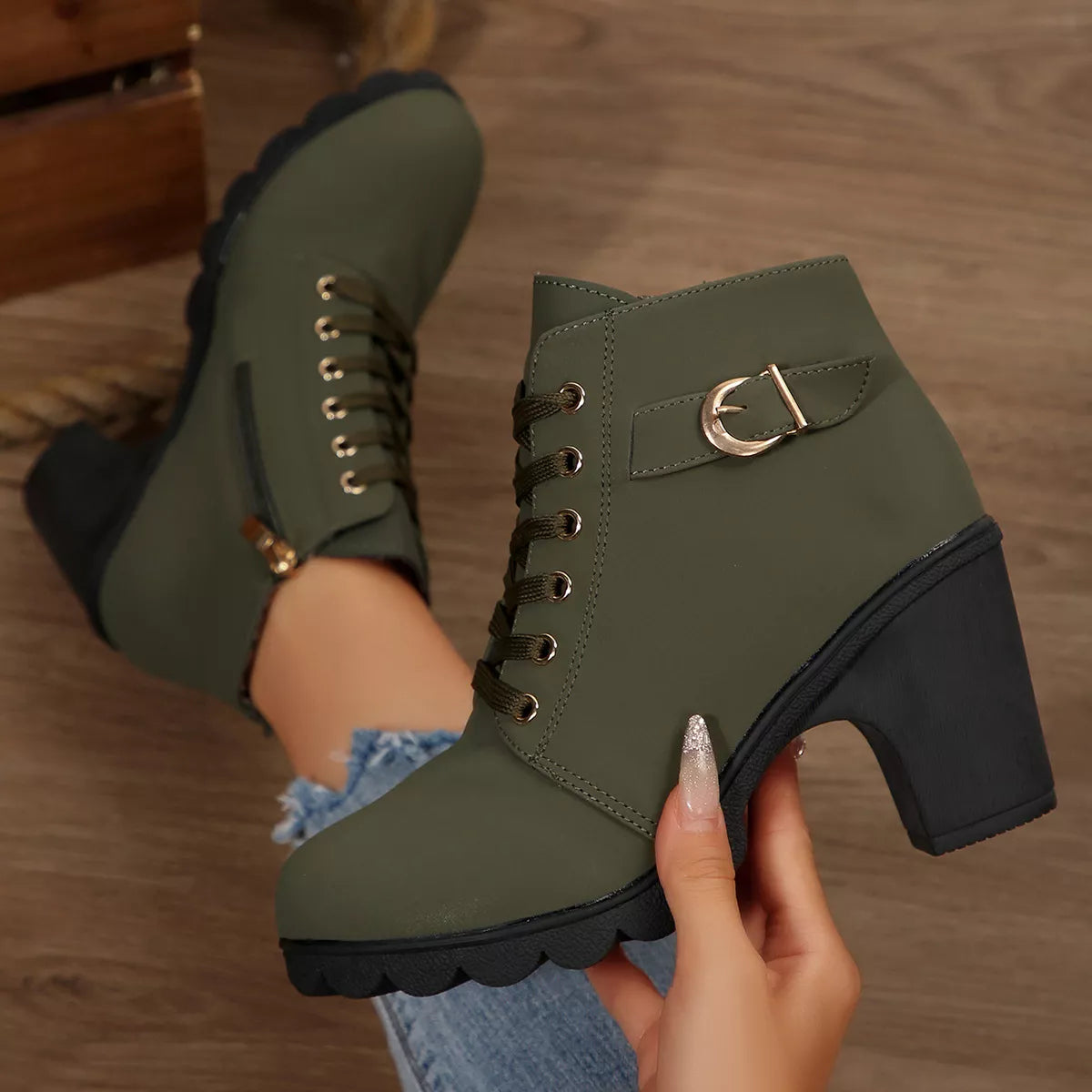 Lace Up Block Heels Boots, view 4