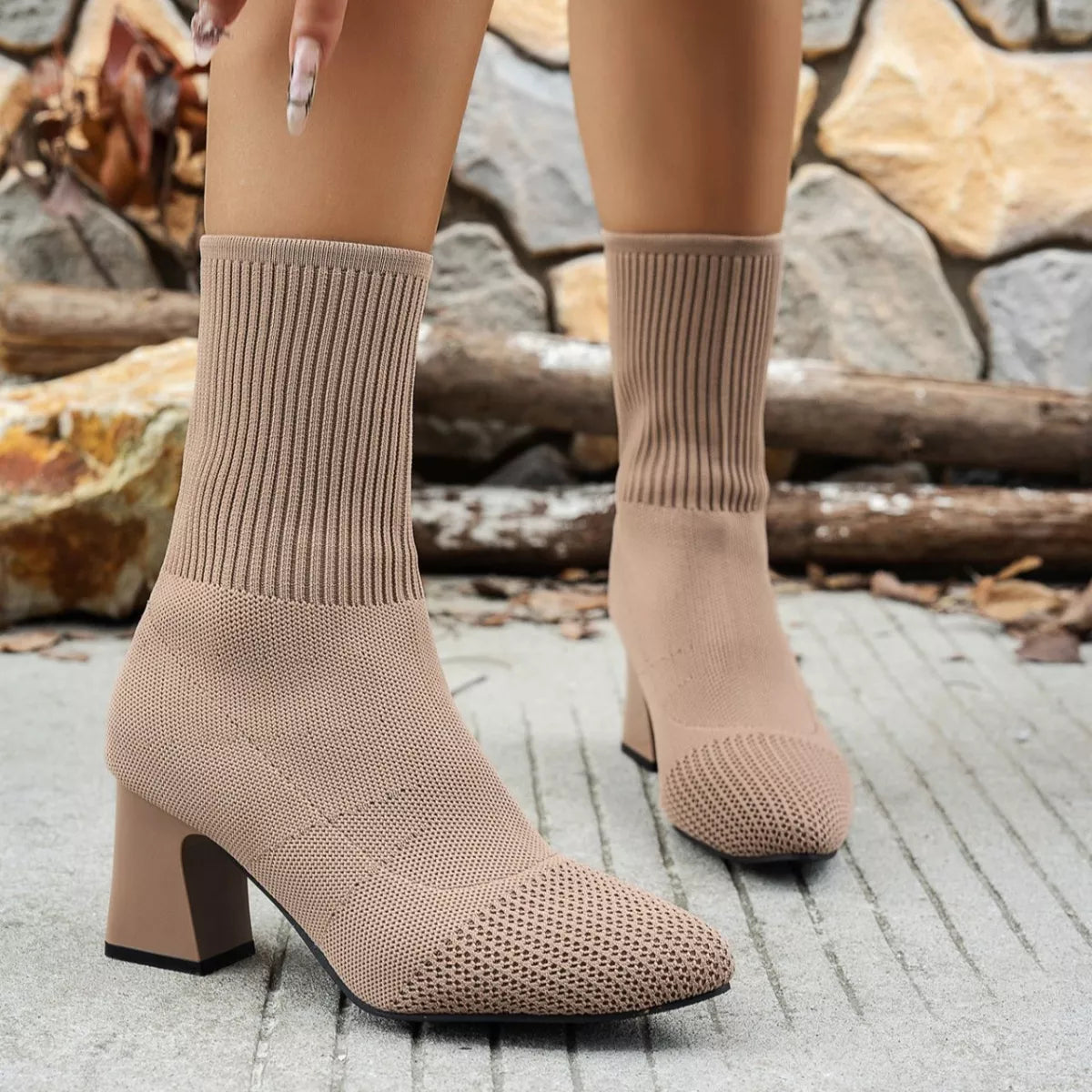 Point Toe Knit Sock Boots with Block Heels - Lilixa.store