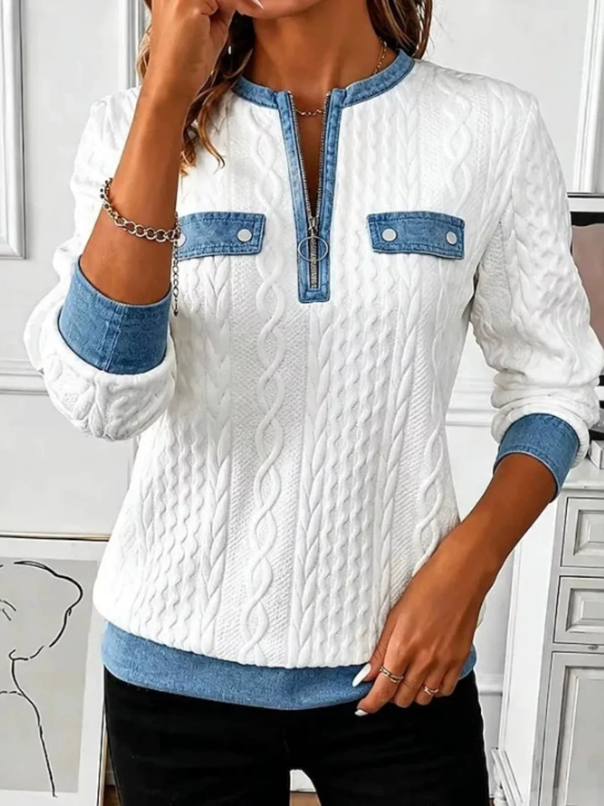 Full Size Denim Contrast Trim Quarter Zip Texture Sweatshirt Plus Size - Lilixa.store