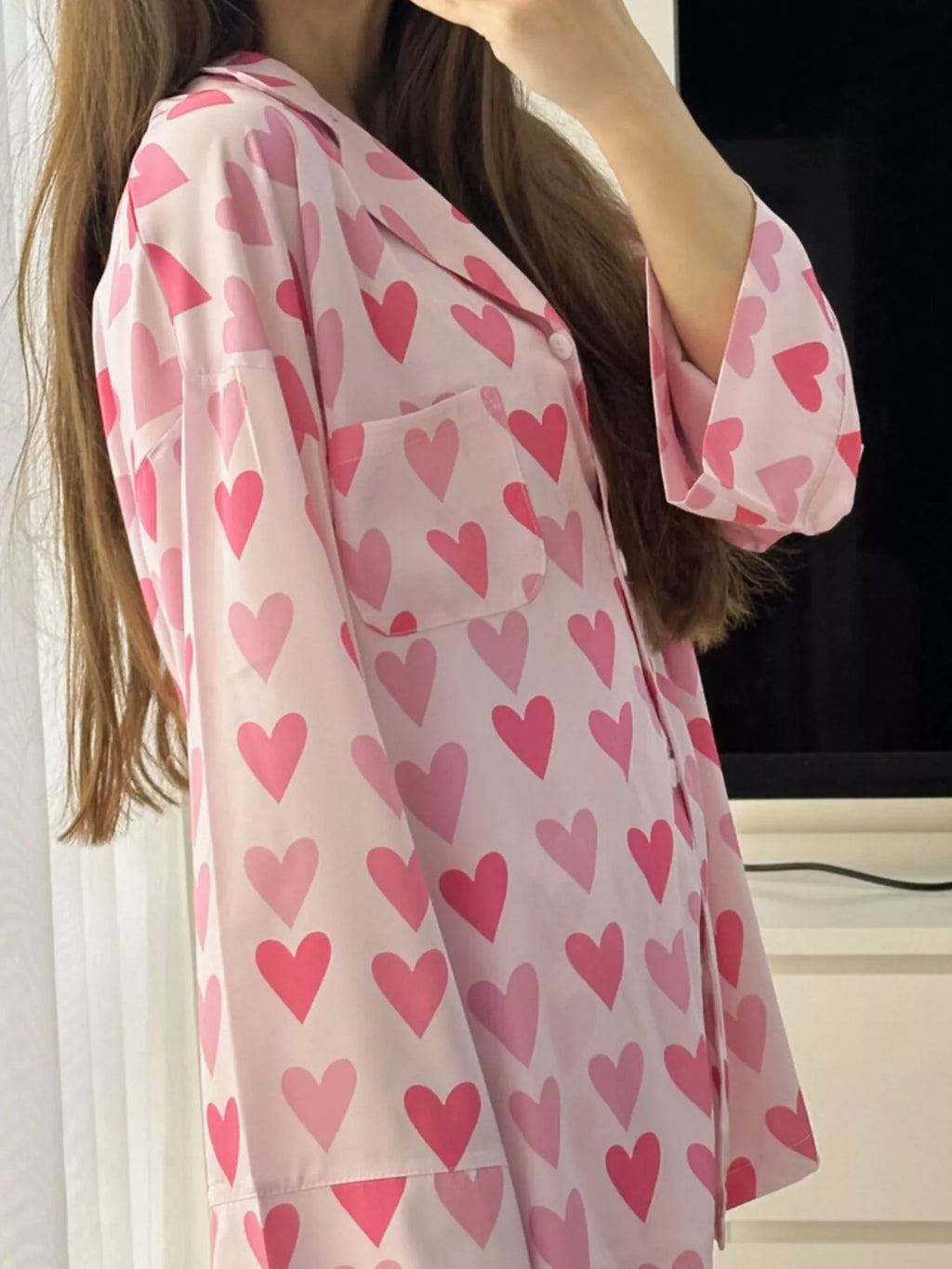 Heart Print Button Up Top and Pants Lounge Set - Lilixa.store