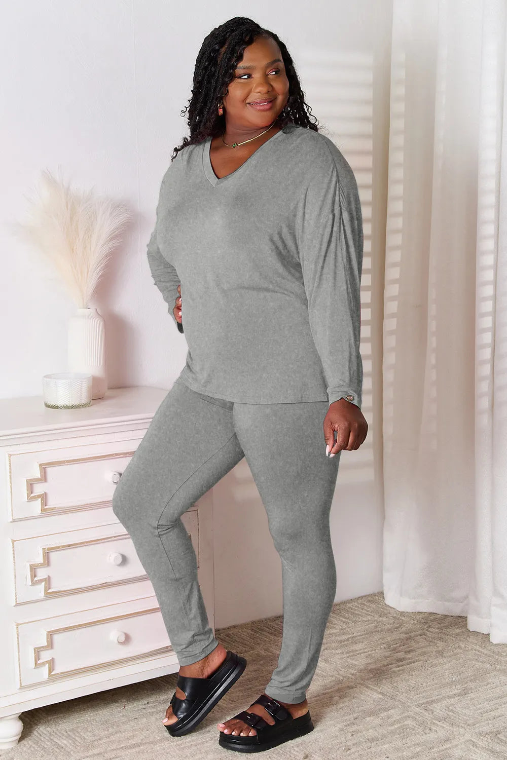 Basic Bae Bamboo Full Size V-Neck Long Sleeve Top and Pants Lounge Set - Lilixa.store