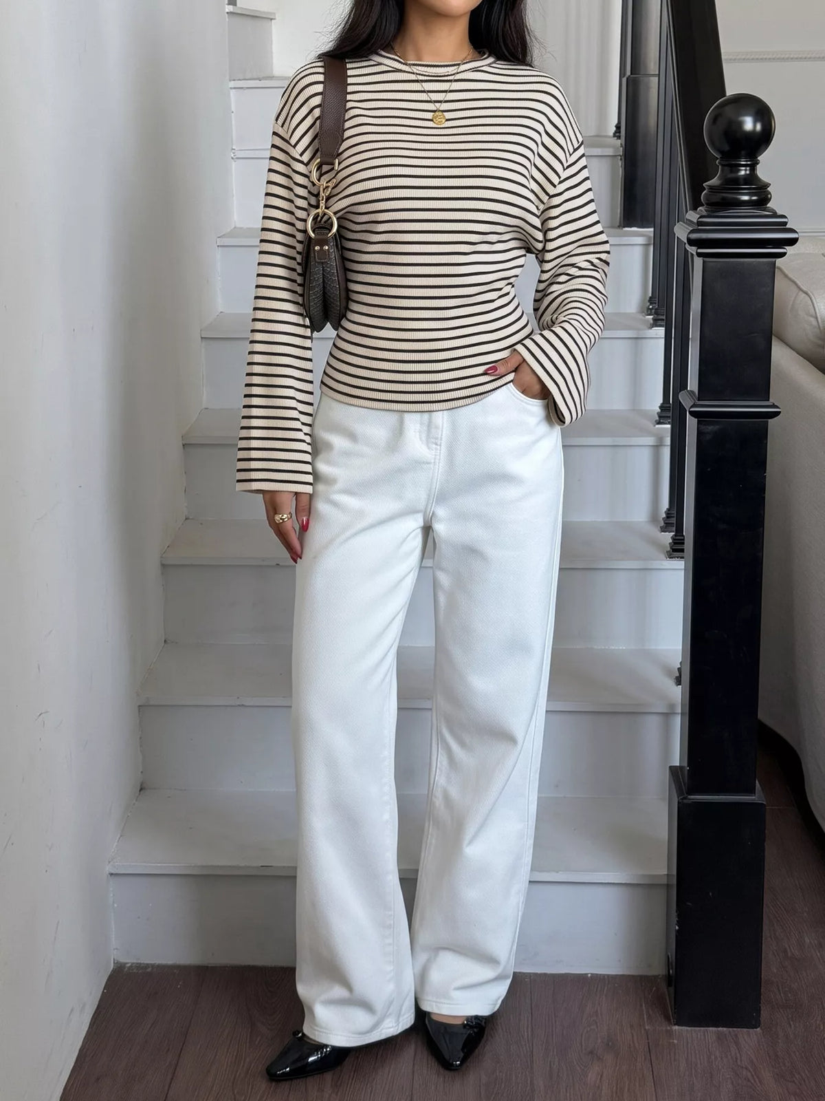 Striped Batwing Sleeve Crew Neck T-Shirt