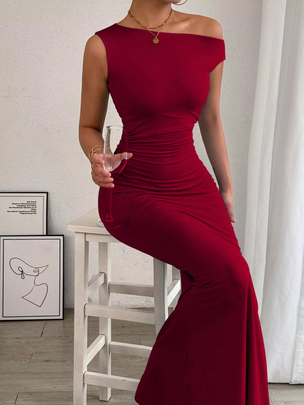 One-Shoulder Ruched Bodycon Maxi Dress - Lilixa.store