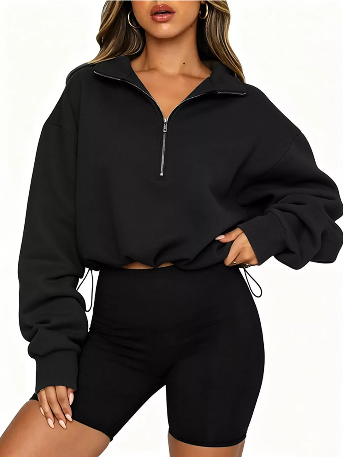 Half Zip Drawstring Hem Sweatshirt - Lilixa.store