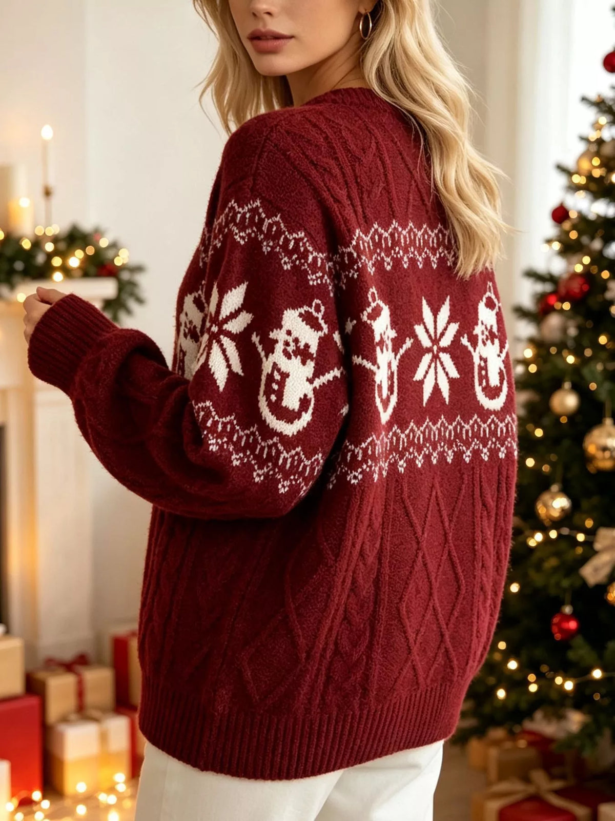 Christmas Snowman Pattern Cable Knit Sweater, view 17