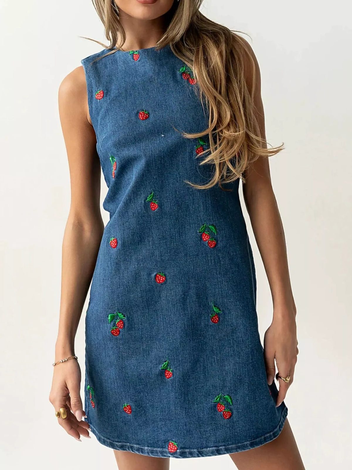Strawberry Embroidered Sleeveless Denim Dress in Blue