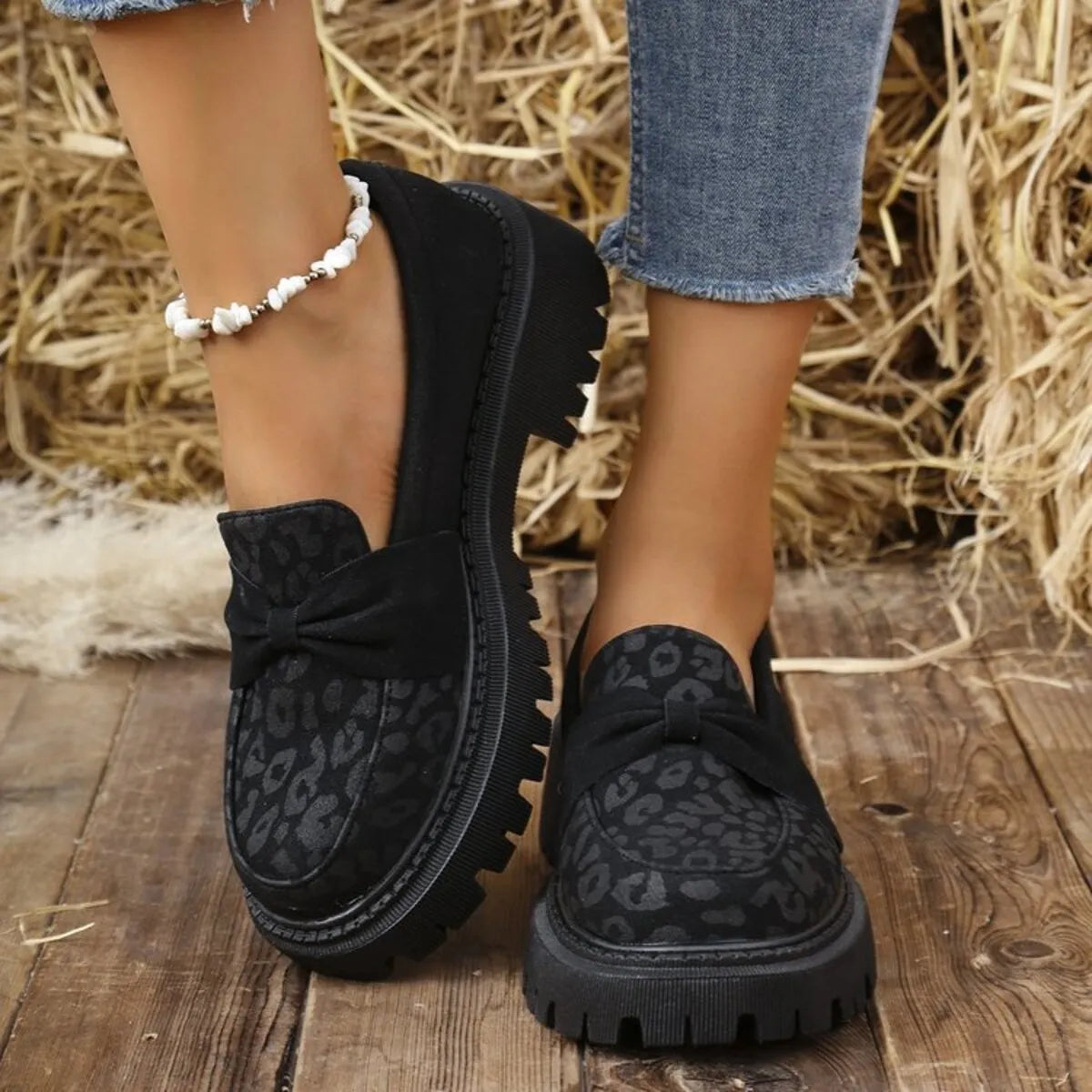 Leopard Round Toe Platform Slip-Ons in Black