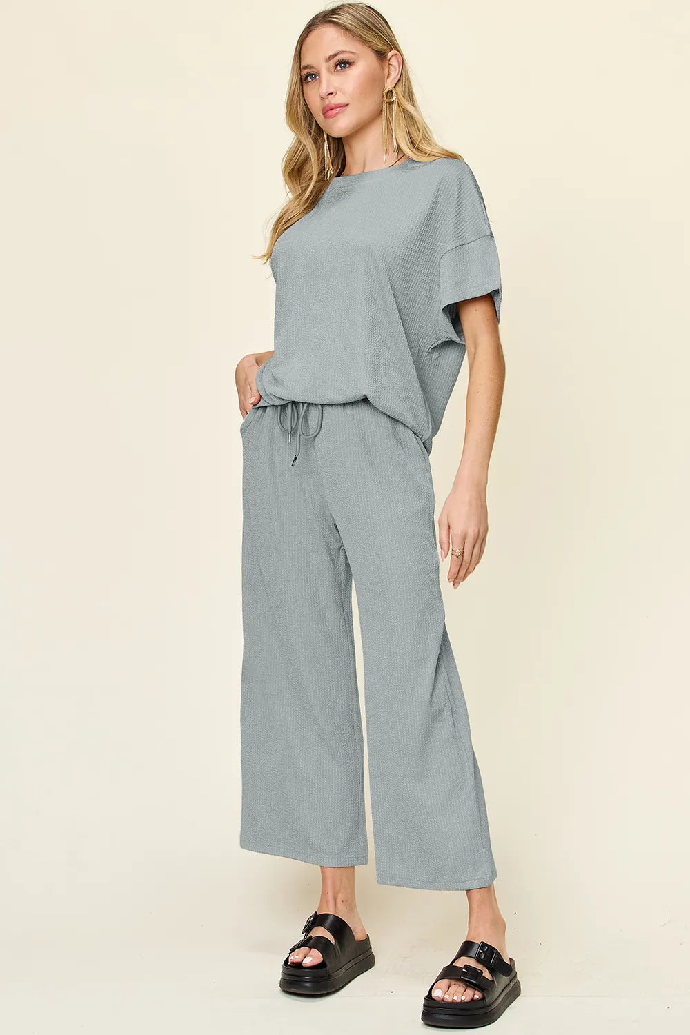 Double Take Full Size Texture Round Neck Short Sleeve T-Shirt and Wide Leg Pants in Cloudy Blue