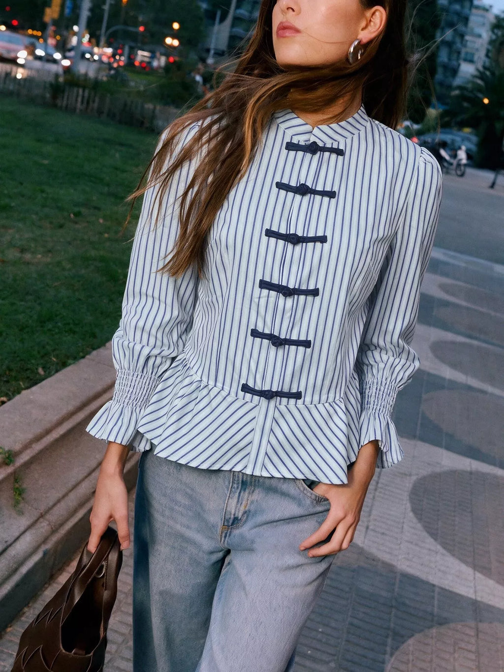 Striped Mandarin Knot Buttons Peplum Hem Shirt - Lilixa.store