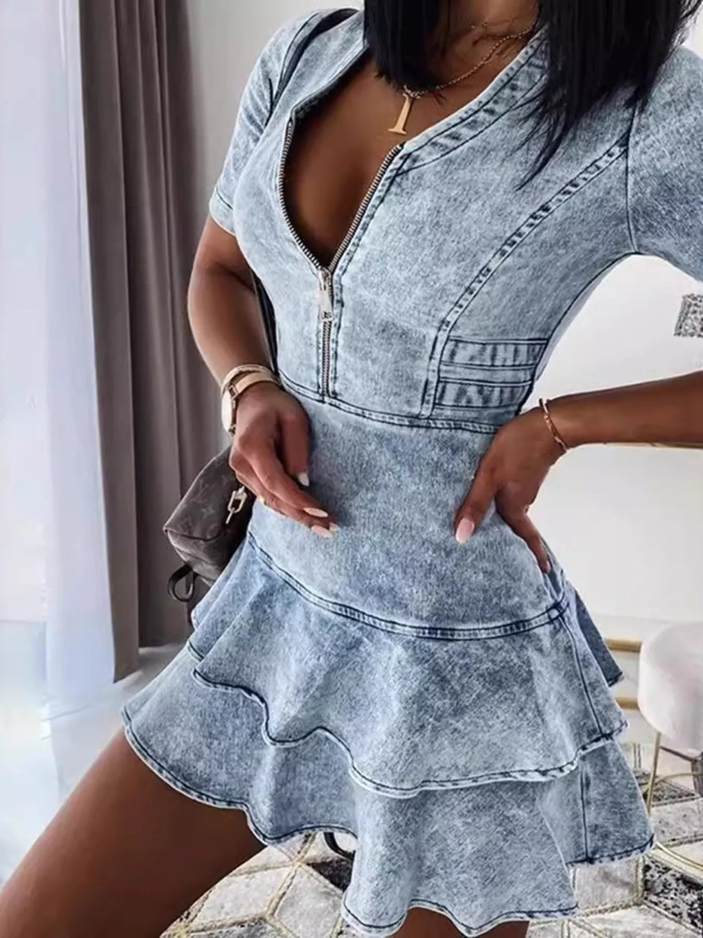 Front Zipper Ruffled Layered Denim Dress - Lilixa.store