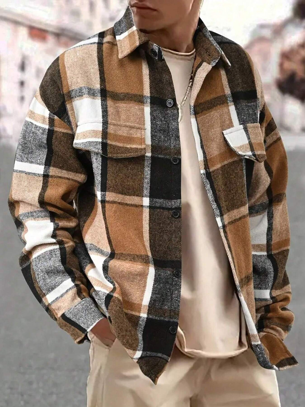 Men's Full Size Casual Plaid Button Up Shirt with Dual Chest Pockets Plus Size