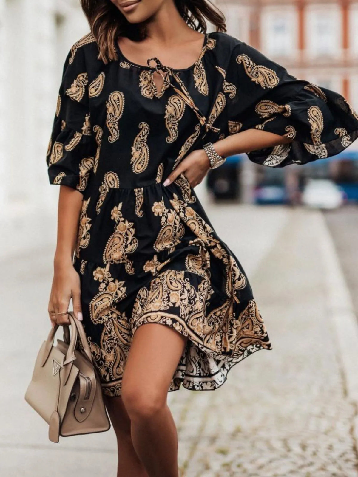 Paisley Print Tie Neck Half Sleeve Mini Dress