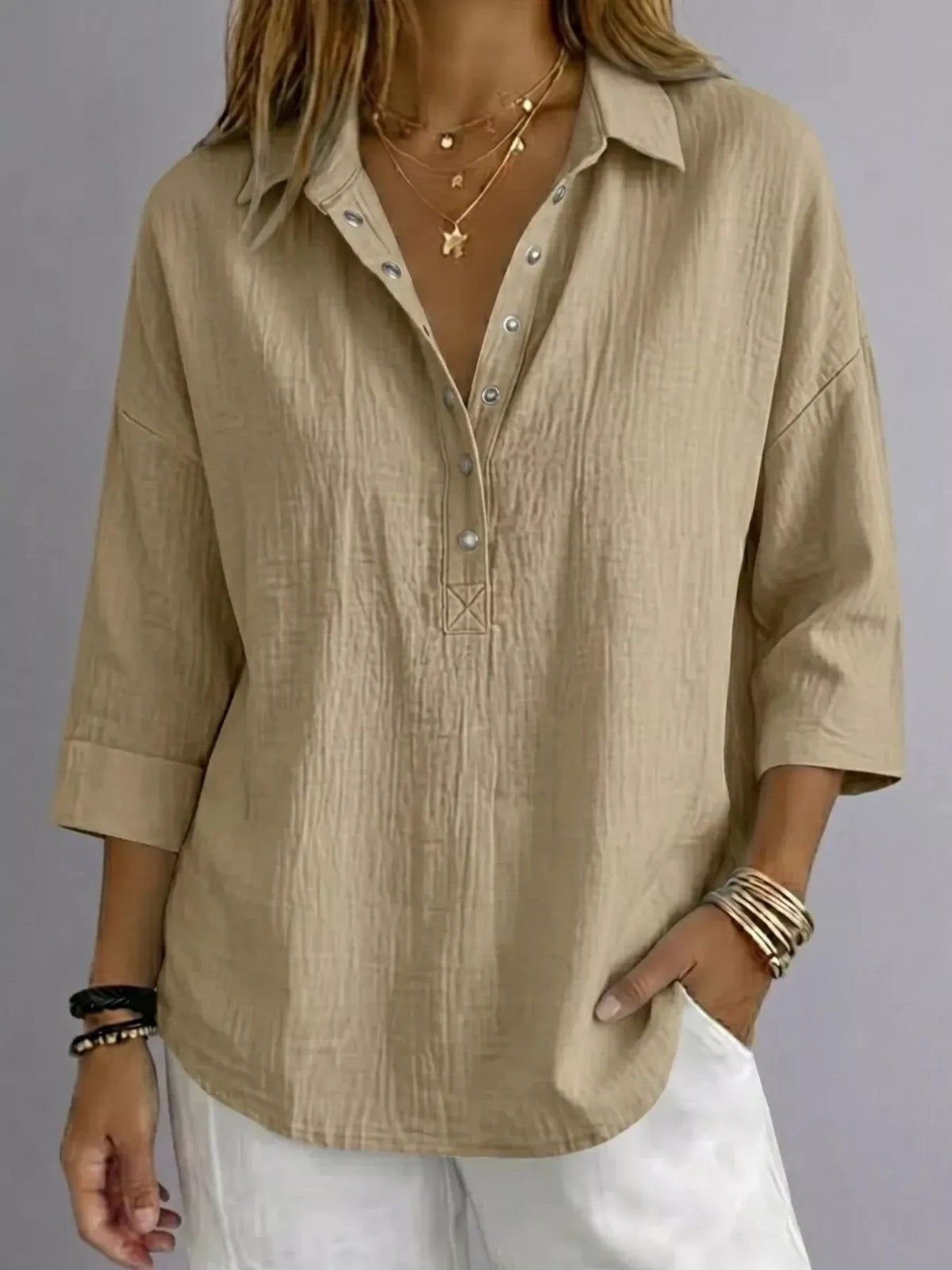 Full Size Snap Down 3/4 Sleeves Blouse Plus Size - Lilixa.store