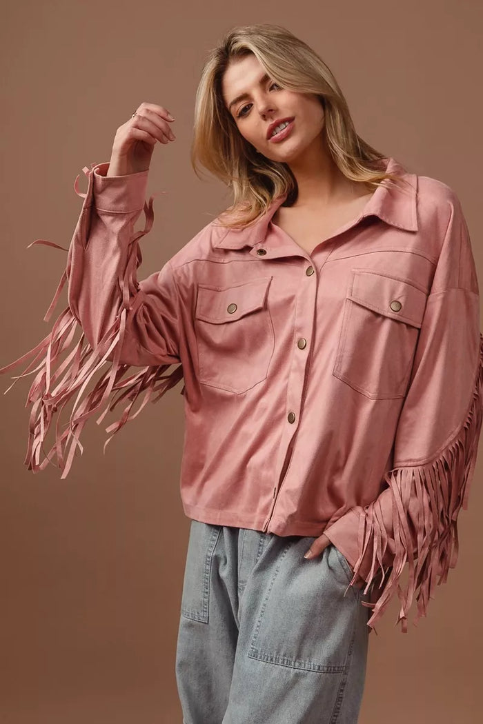 BiBi Suede Fringe Long Sleeve Jacket in Blush