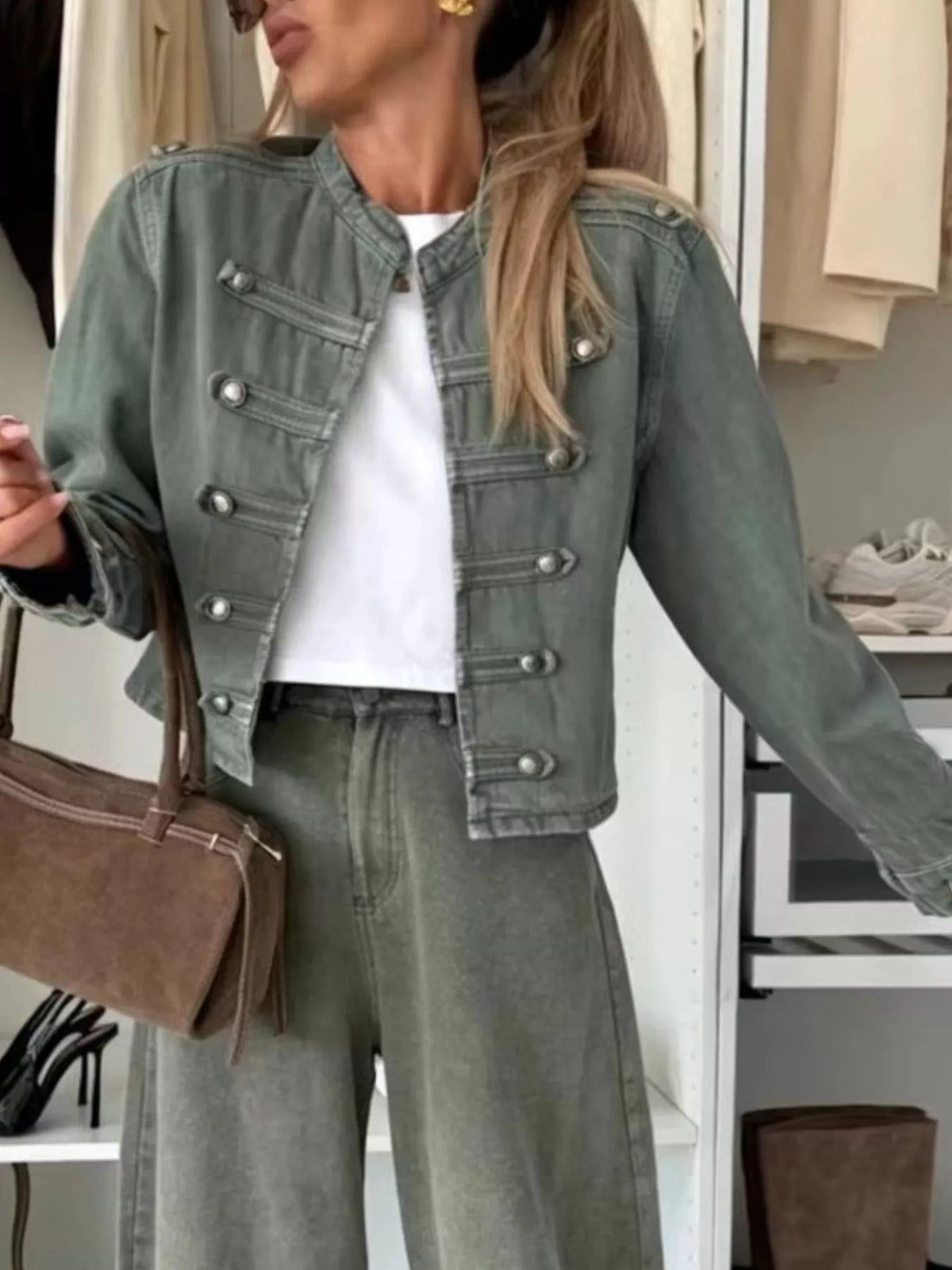 Decorative Button Cropped Denim Jacket