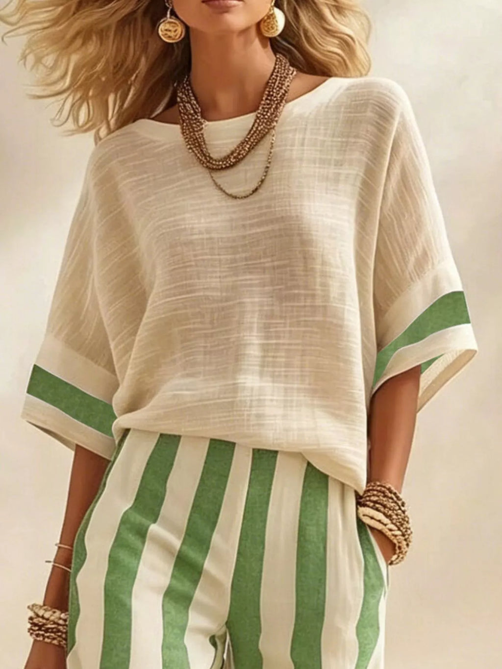 Full Size Striped Half Sleeve Top and Pants Set Plus Size - Lilixa.store