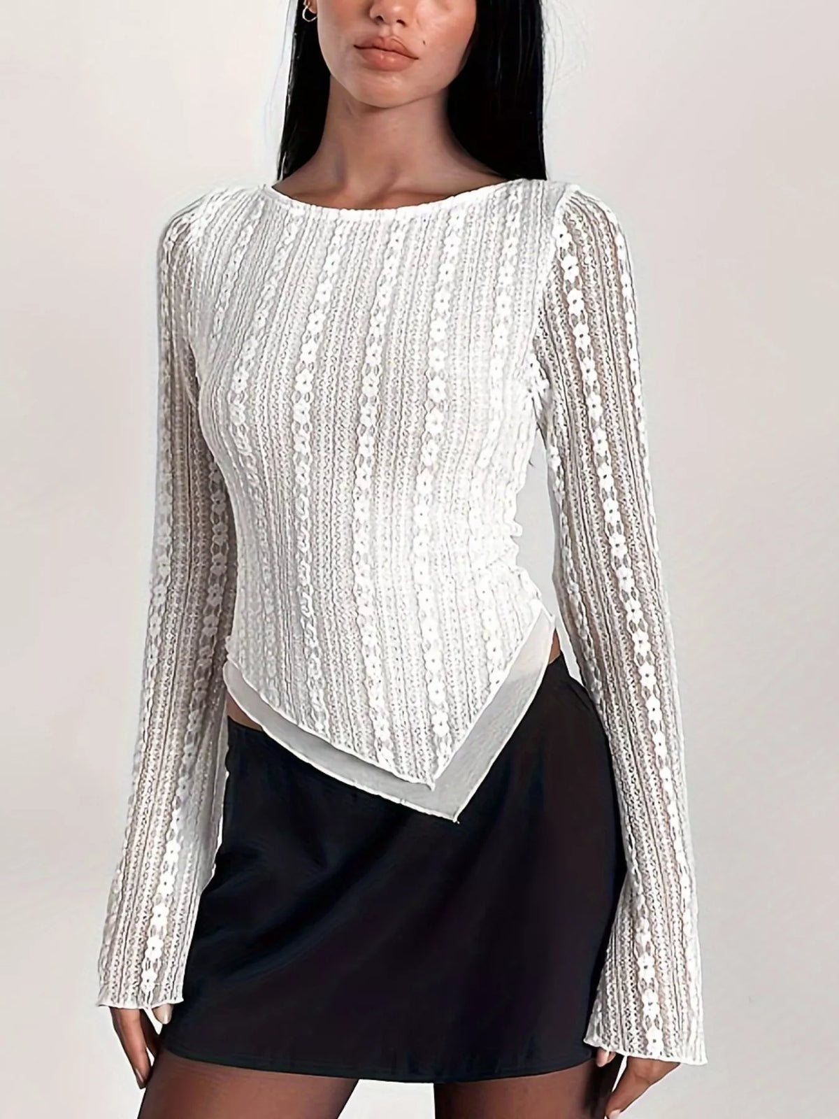 Lace Long Sleeve Blouse with Asymmetrical Hem - Lilixa.store