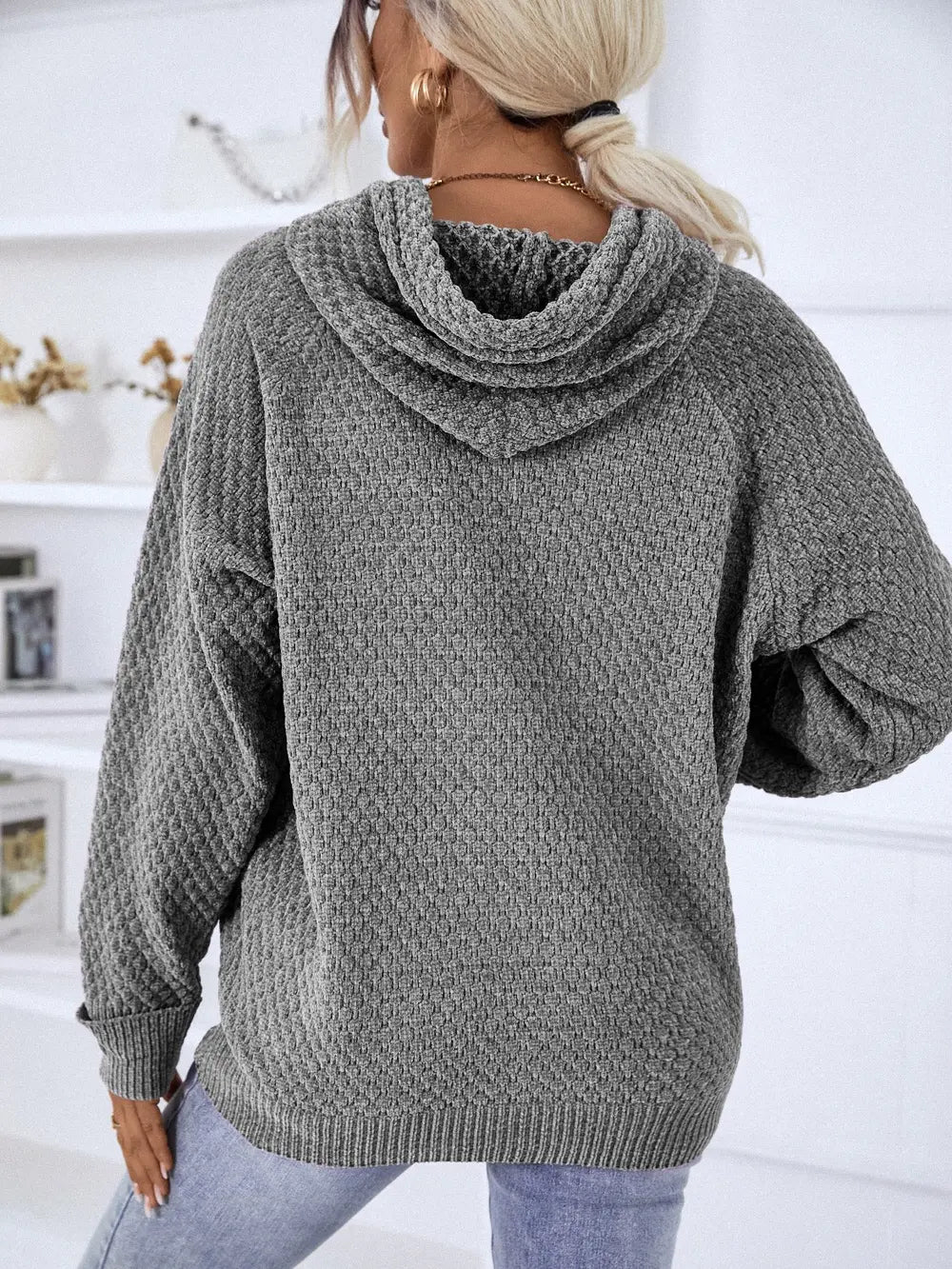 Texture Drawstring Long Sleeve Hooded Sweater, view 6