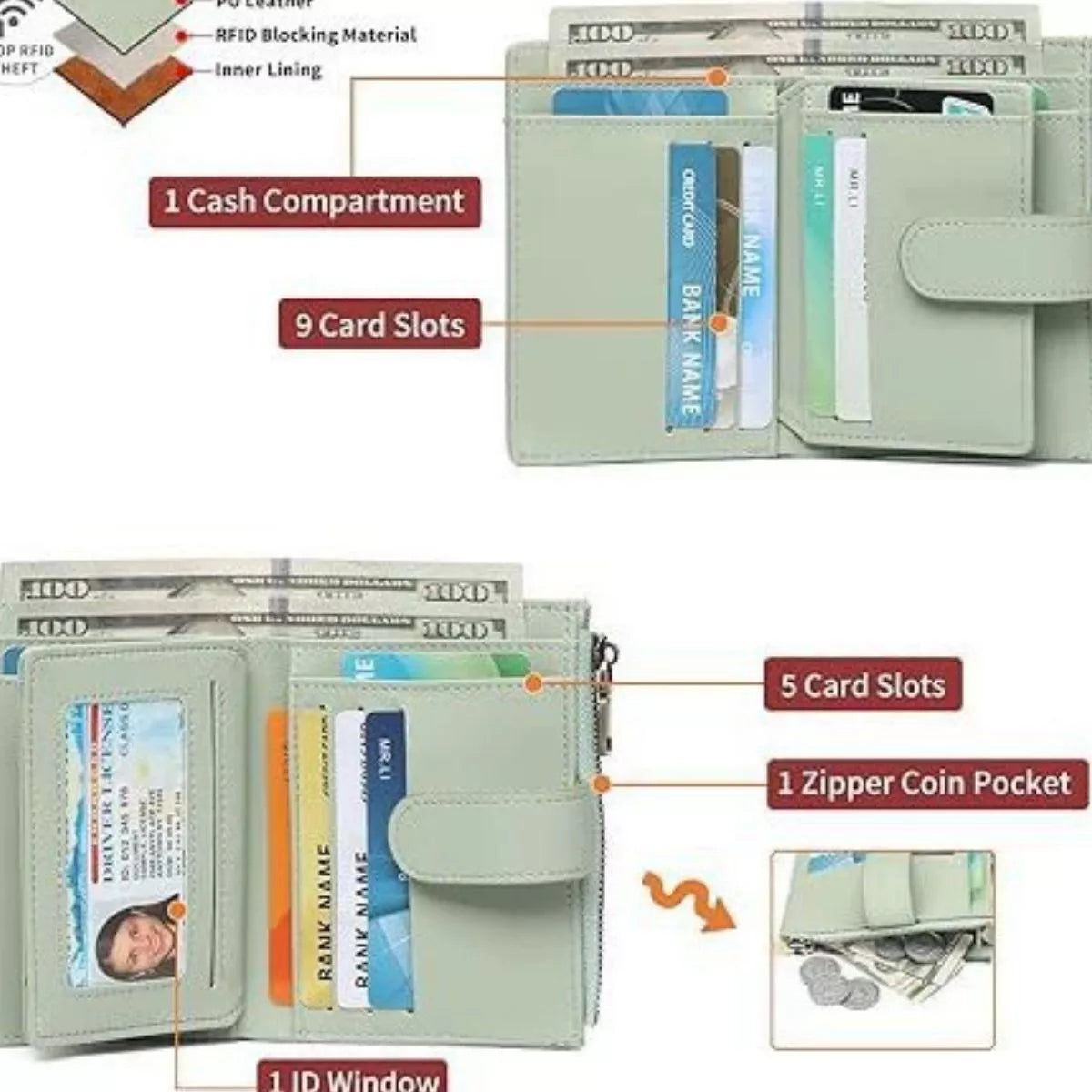 Leather Bifold Wallet with Zipper - Lilixa.store
