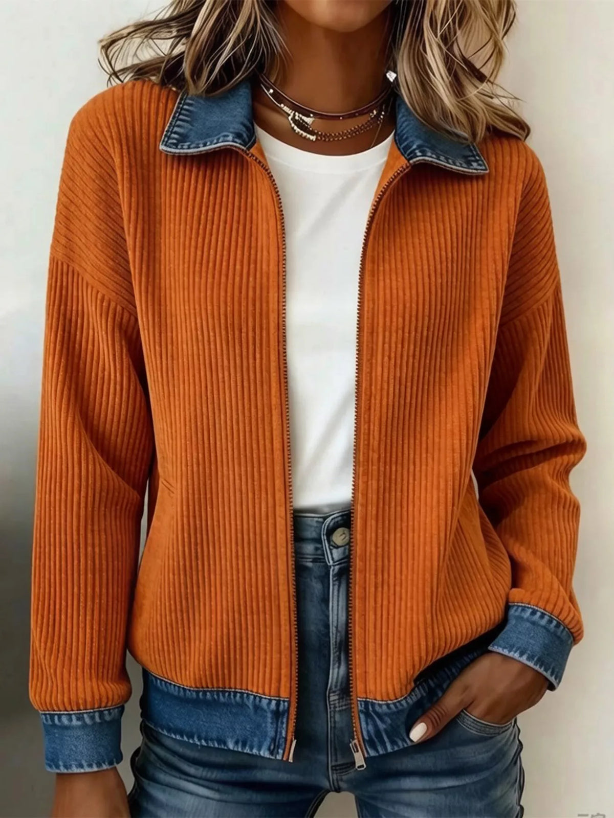 Contrast Denim Collar Ribbed Knit Jacket - Lilixa.store