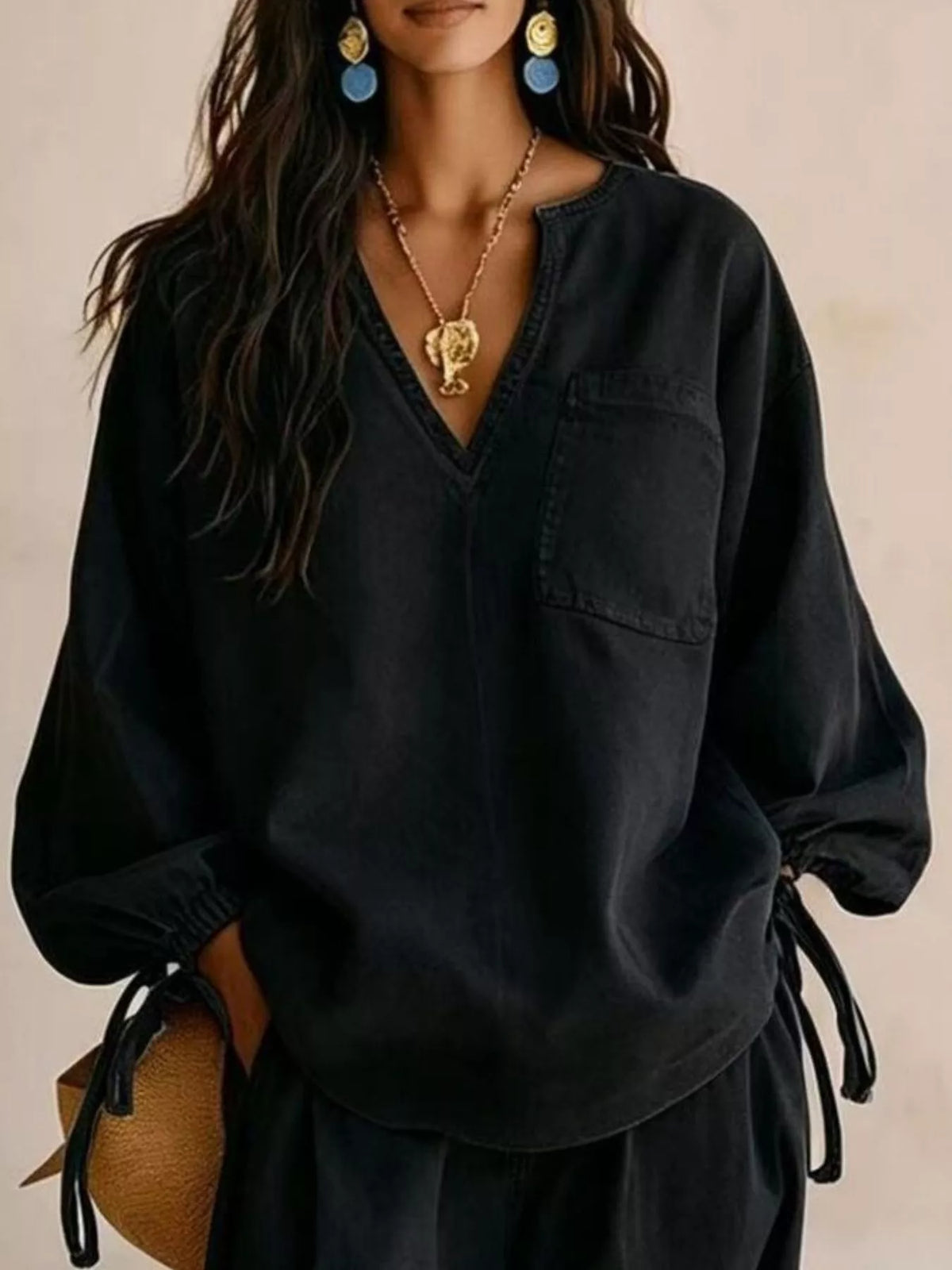 Relaxed Fit Drawstring Sleeve Detail Top and Pants Denim Set, view 10