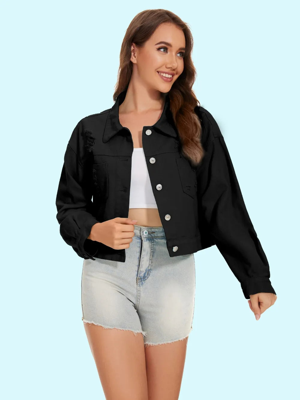 Distressed Distressed Button Up Denim Jacket, view 15