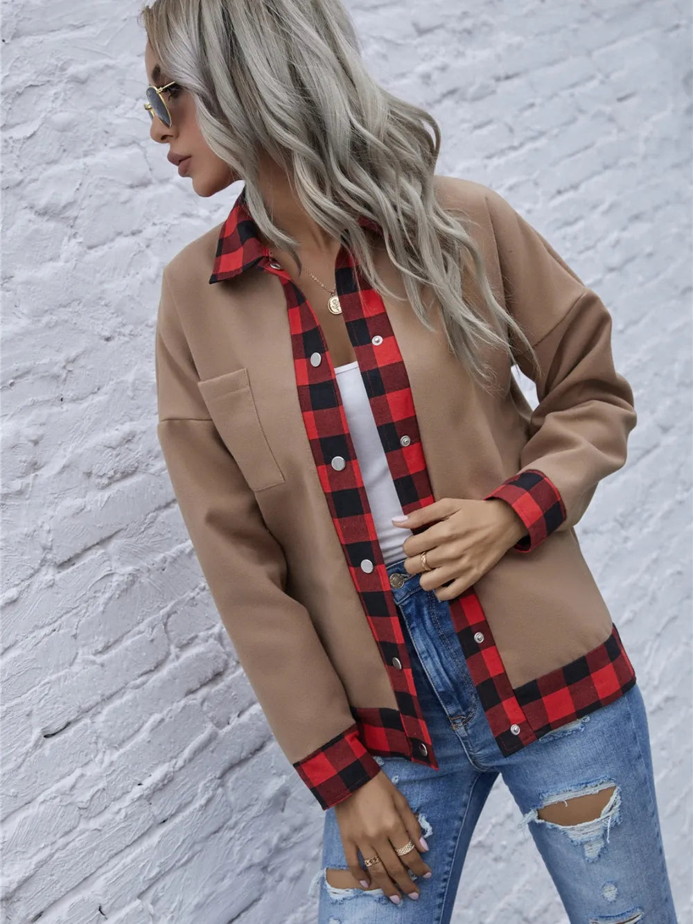 Plaid Trim Long Sleeve Jacket - Lilixa.store