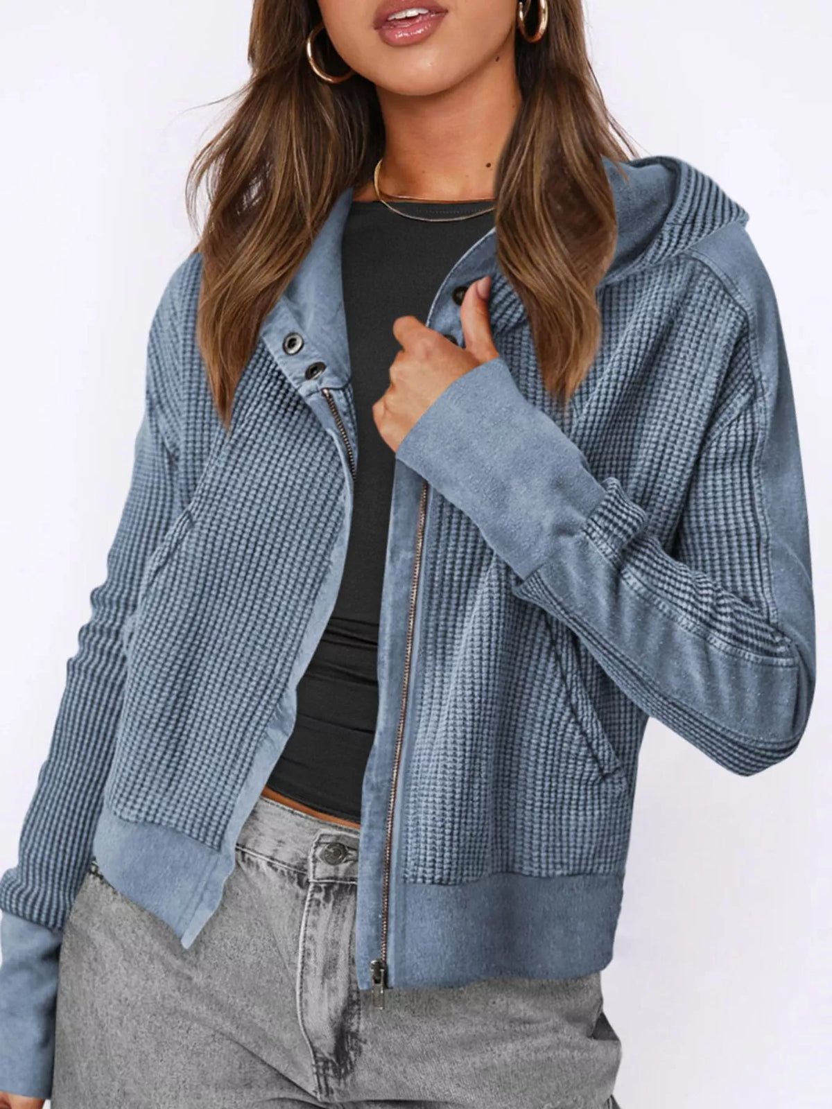 Waffle Knit Zip-Up Jacket