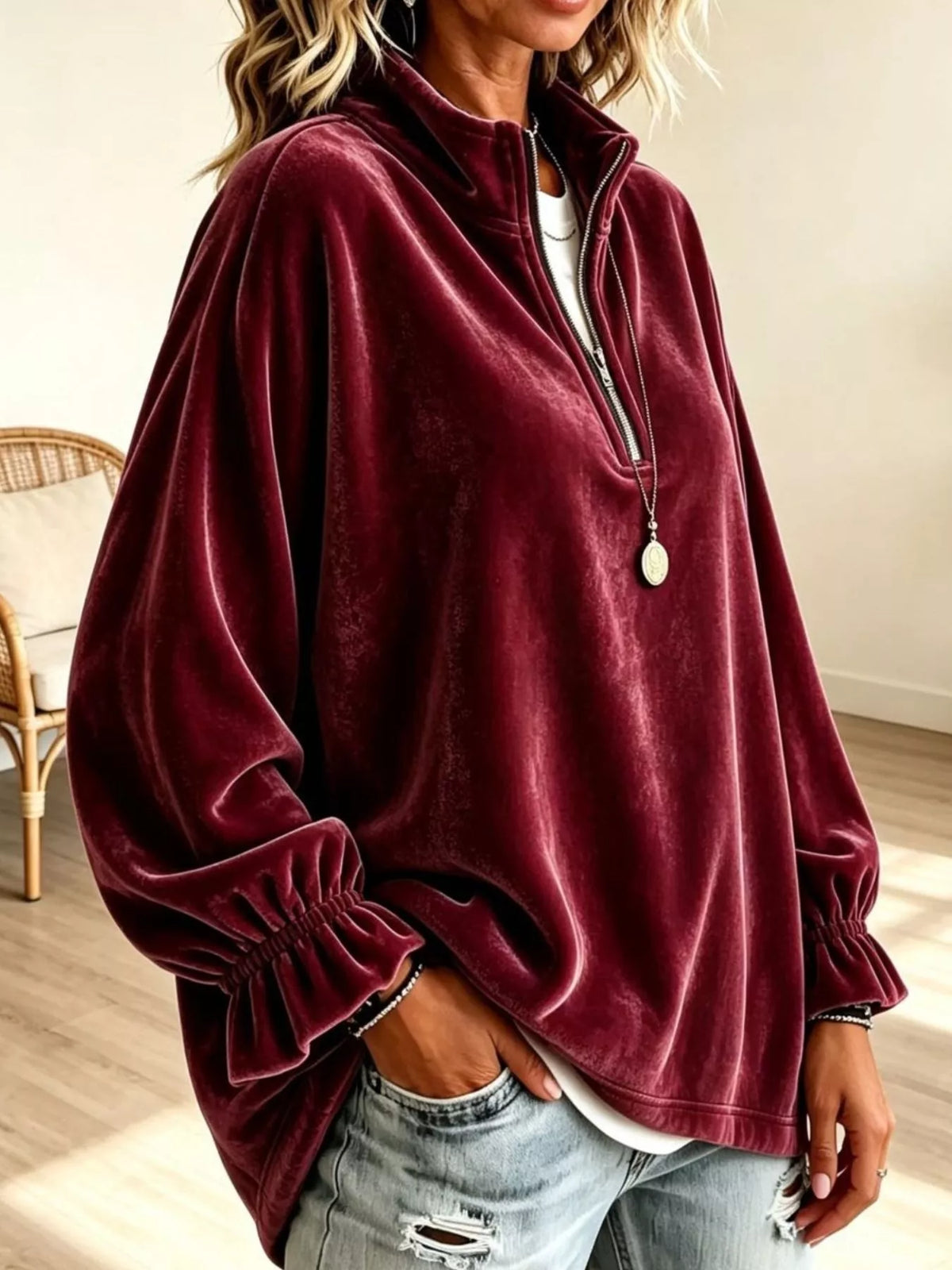 Velvet Quarter-Zip Sweatshirt with Ruffled Cuffs - Lilixa.store