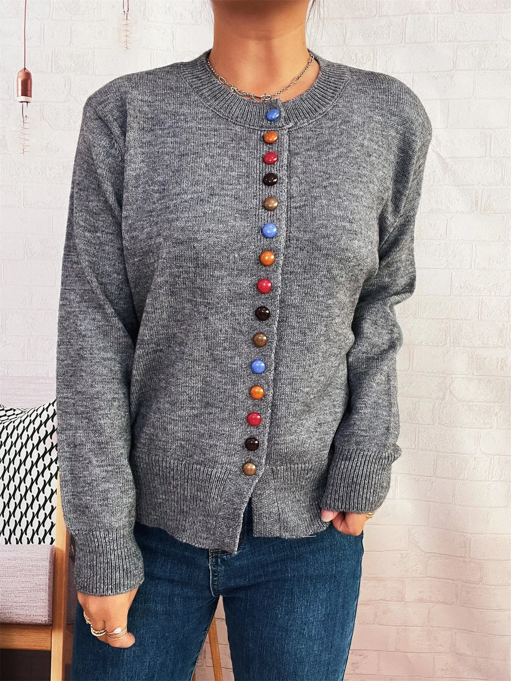 Button-Front Cardigan with Colorful Detail Buttons - Lilixa.store