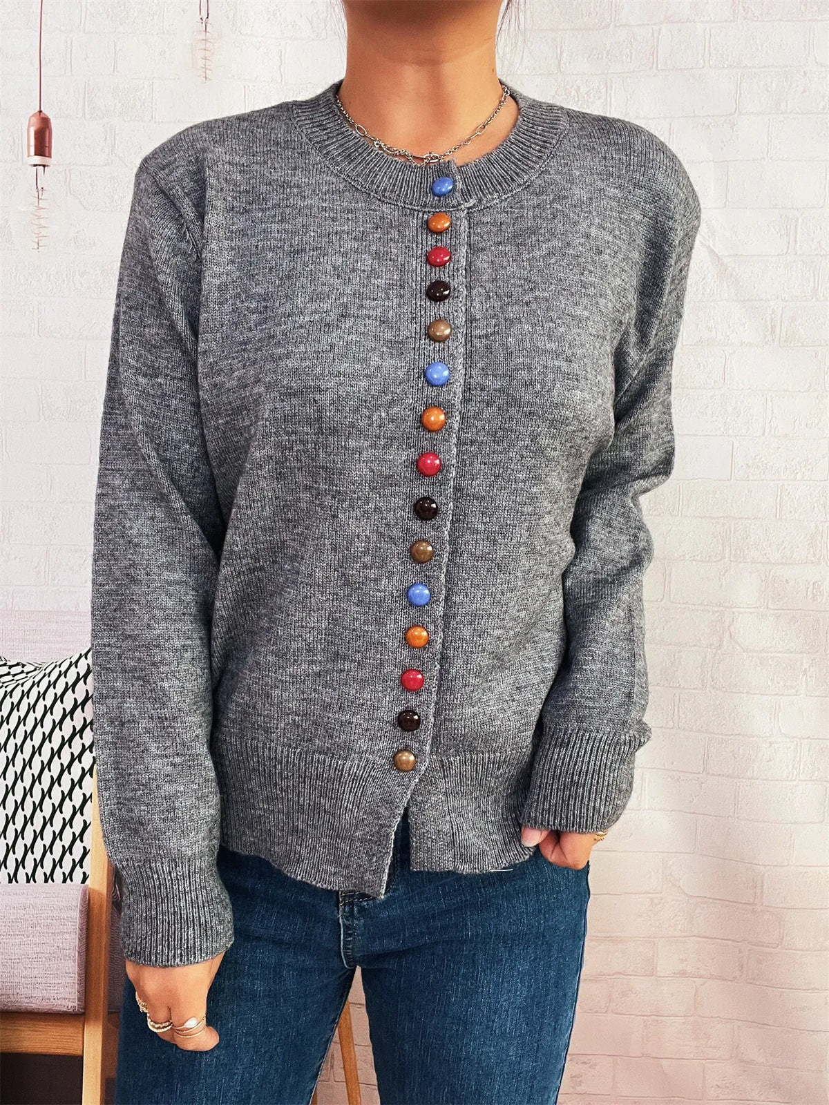Button-Front Cardigan with Colorful Detail Buttons - Lilixa.store
