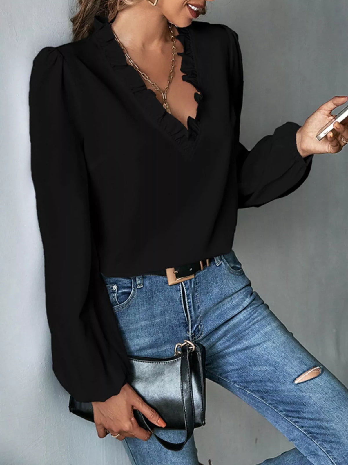 Ruffled Trim V-Neck Blouse - Lilixa.store