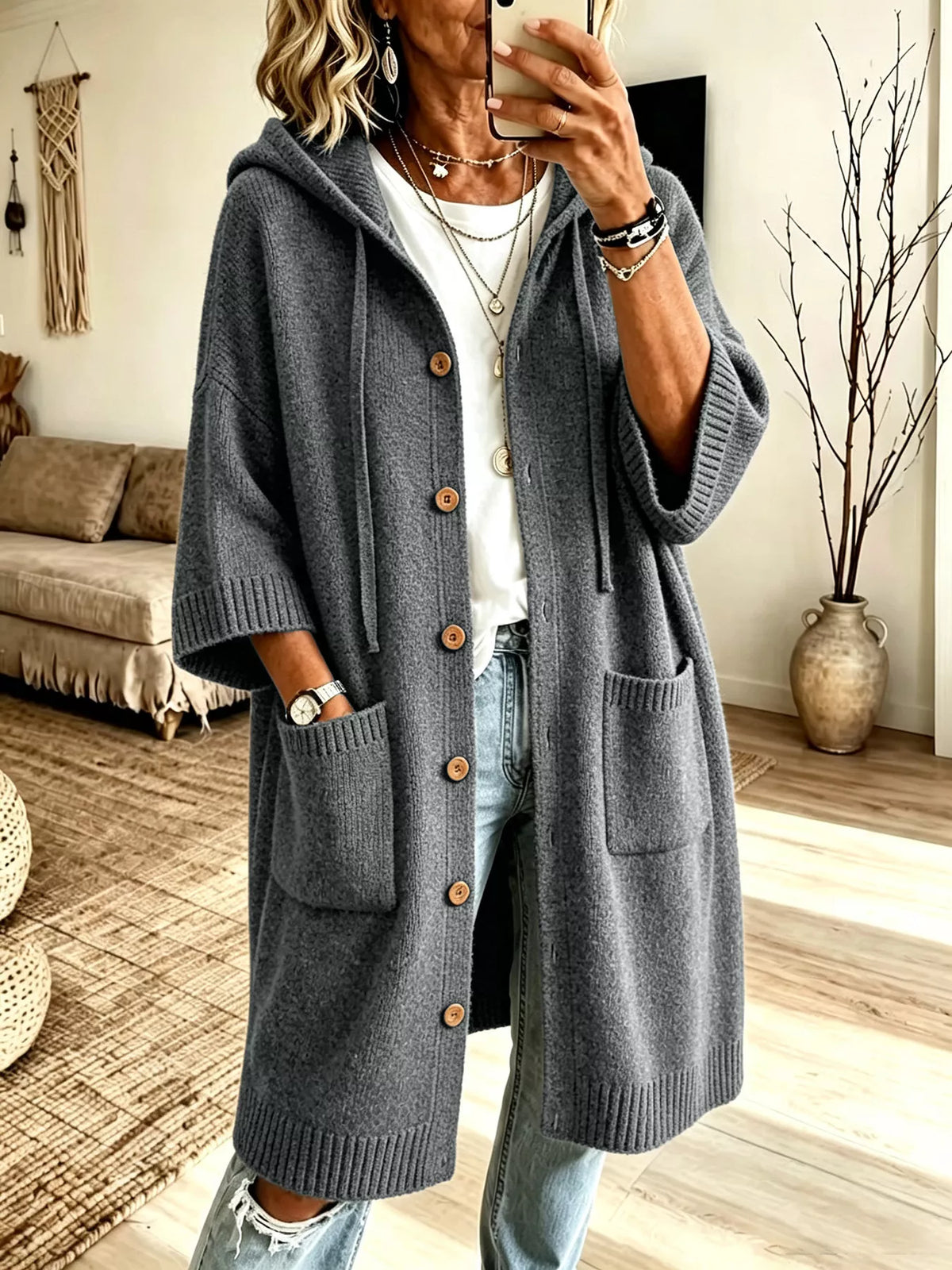 Hooded Button-Down Knit Cardigan with Pockets in Gray
