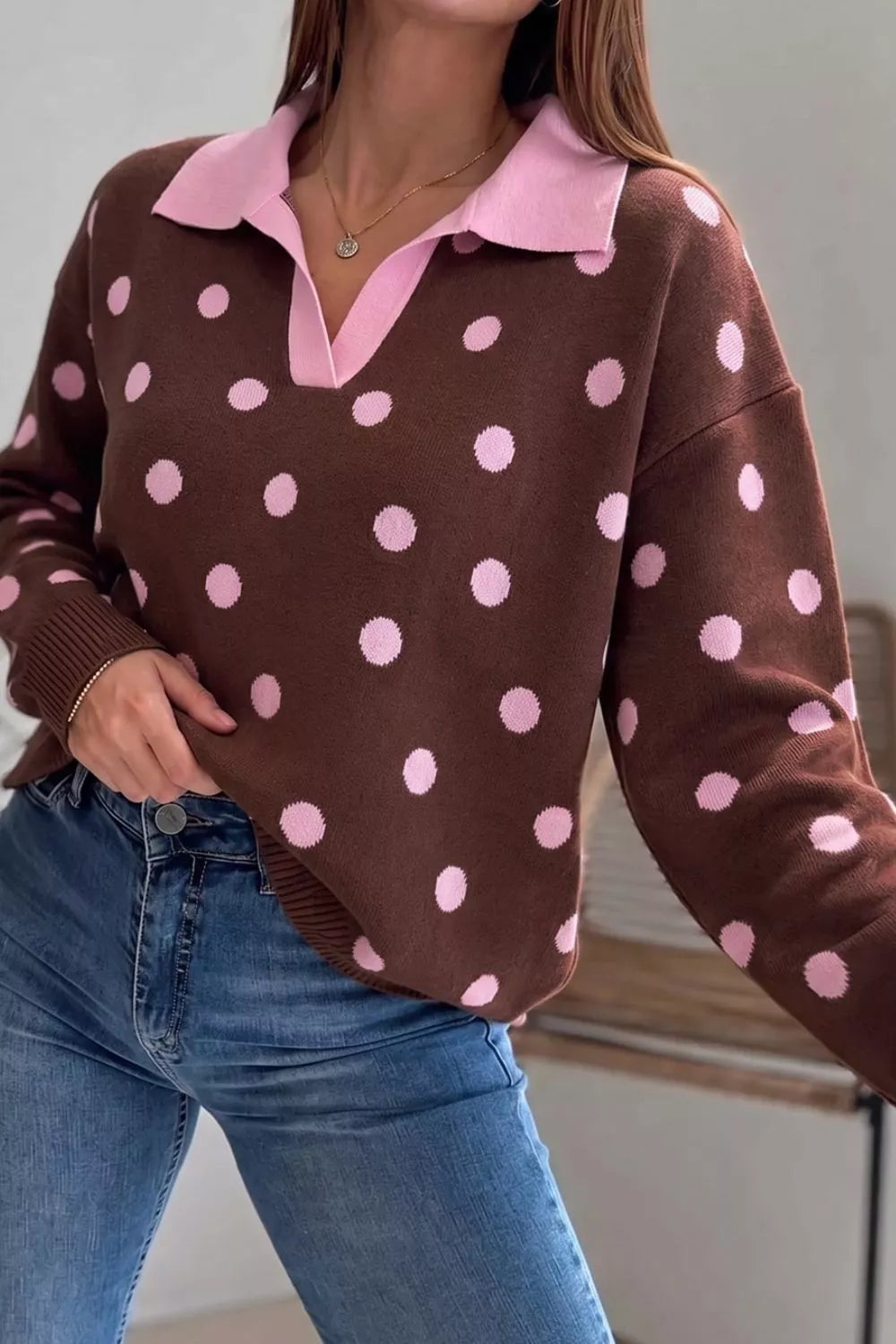 Polka Dot Pattern Color Block Collared Loose Pullover Sweater