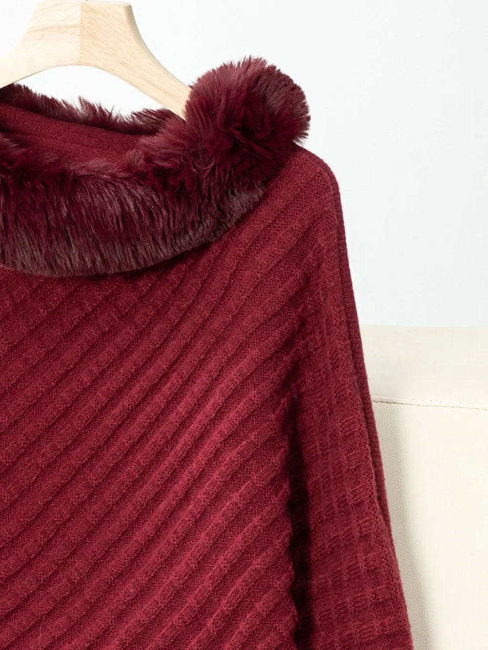 Fuzzy Trim Texture Three-Quarter Sleeve Poncho - Lilixa.store